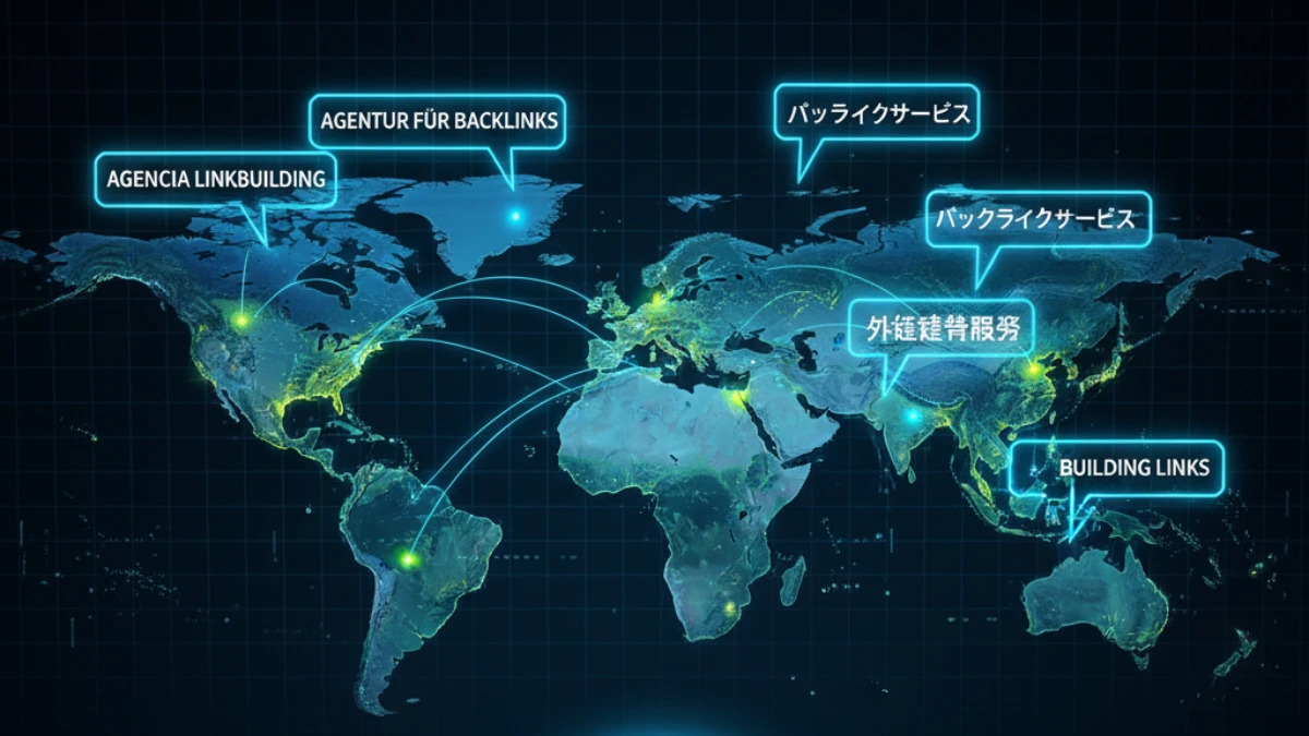Global link building network showing multilingual expertise: agencia linkbuilding, agentur für backlinks, and international SEO connections