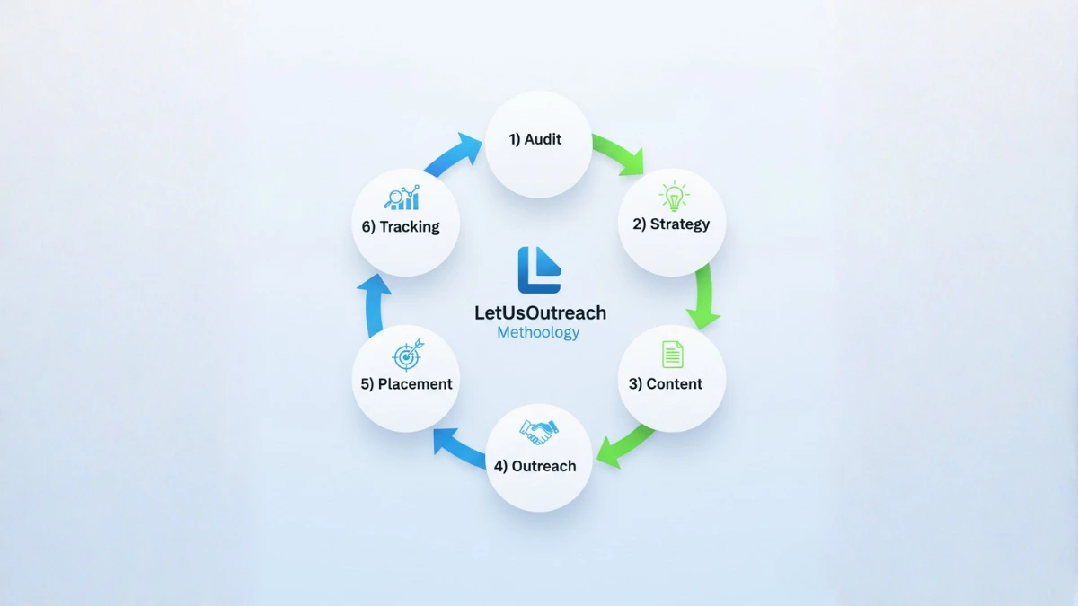 LetUsOutreach 6-step white hat link building process: audit, strategy, content, outreach, placement, tracking with quality control