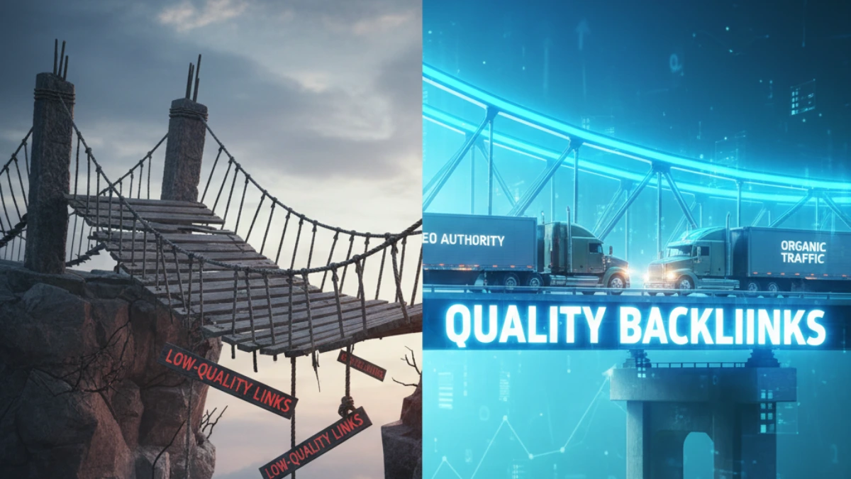 Quality backlinks bridge supporting SEO authority vs. collapsing low-quality links - LetUsOutreach white hat methodology