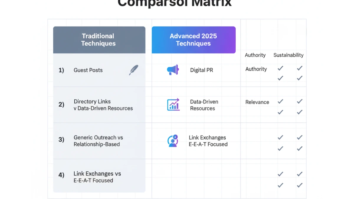 Comparison of traditional vs advanced link building techniques showing authority, relevance and sustainability ratings