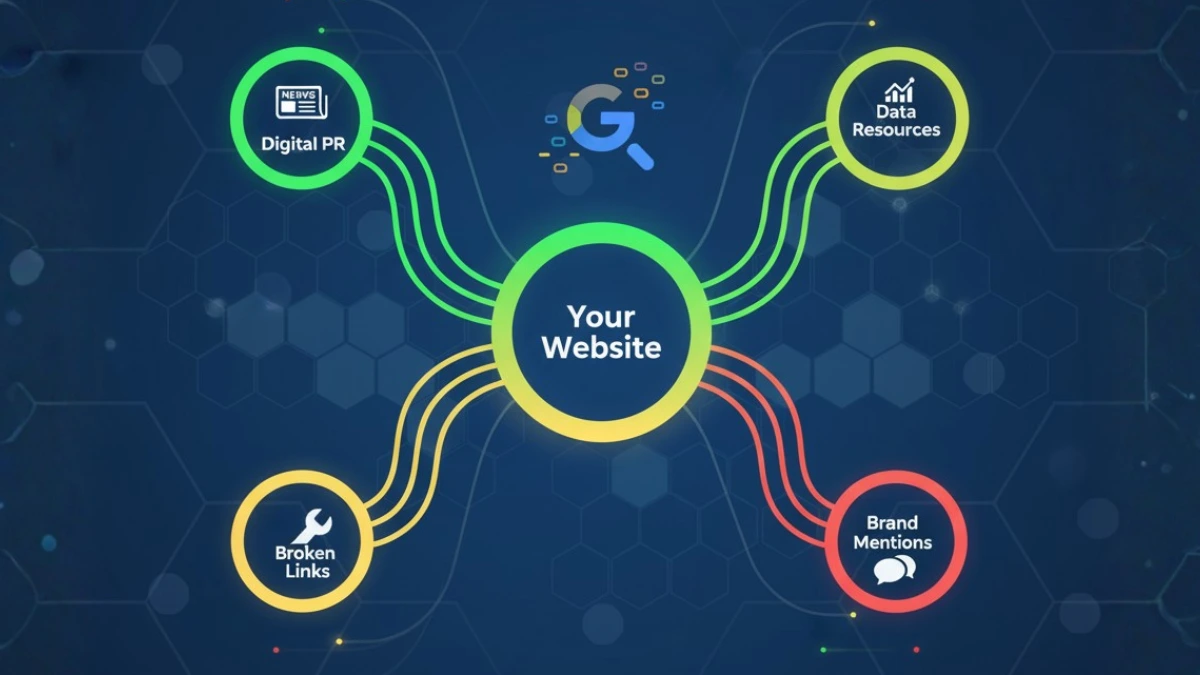 Link building ecosystem showing authority flow from digital PR, data resources, broken links and brand mentions to your website