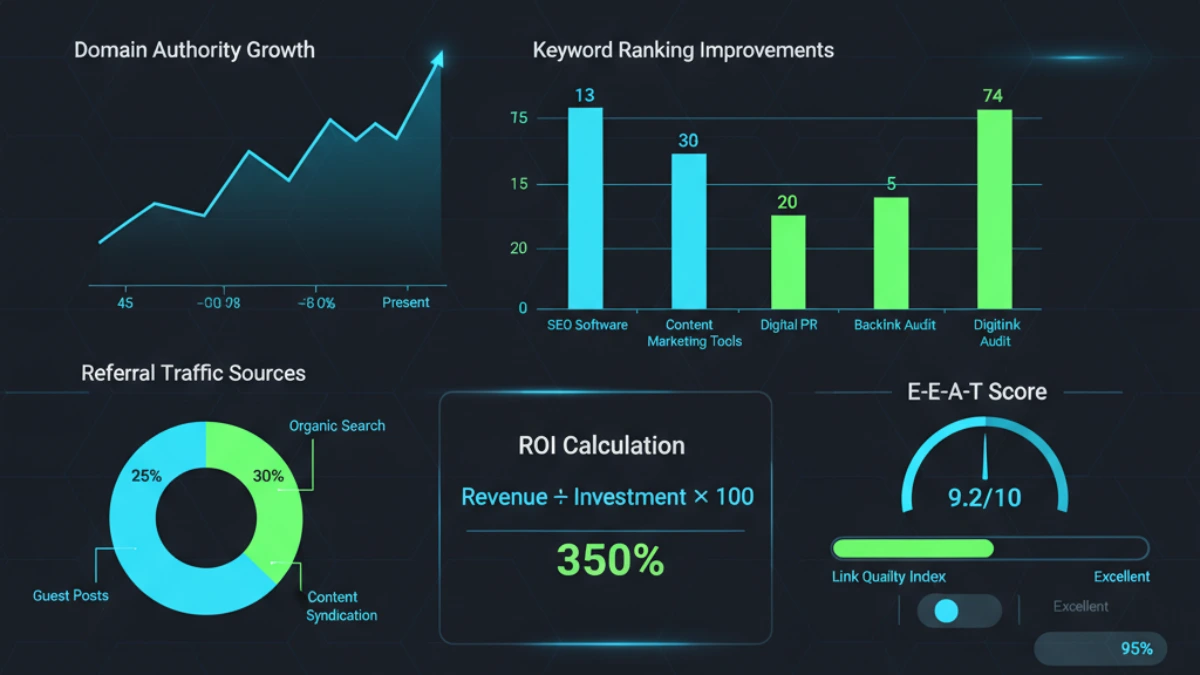 Link building ROI dashboard showing domain authority growth, referral traffic sources, keyword rankings and E-E-A-T score