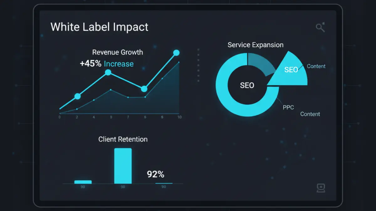 Agency growth dashboard showing 45% revenue increase, service expansion, and 92% client retention through white label services
